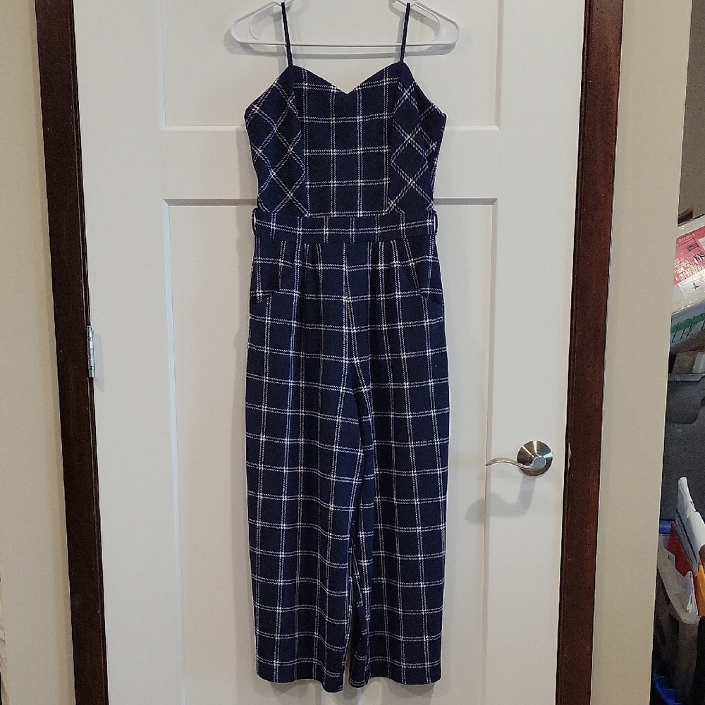 Emerald Sundae Navy and White Plaid Spaghetti Strap Jumpsuit